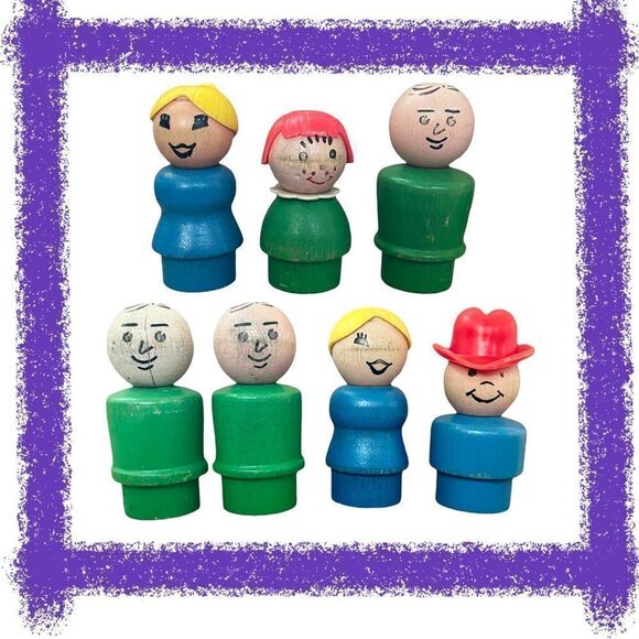 Vintage Fisher-Price Little People All Wood Lady Girl Man Cowboy 7 Piece Bundle - Picture 2 of 16